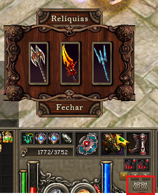 Como ver as relíquias ativas no Priston Tale: botão no inventário que abre o painel Relíquias